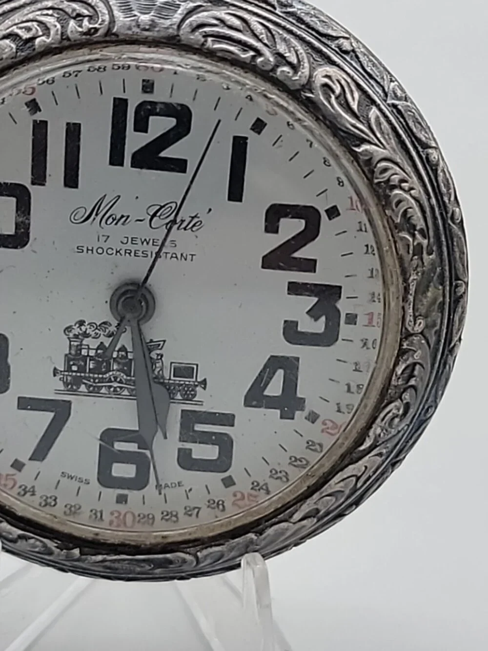 Swiss Railroad Grade Wind Pocket Watch Mon-Corte By EVASO SA 17j Antique